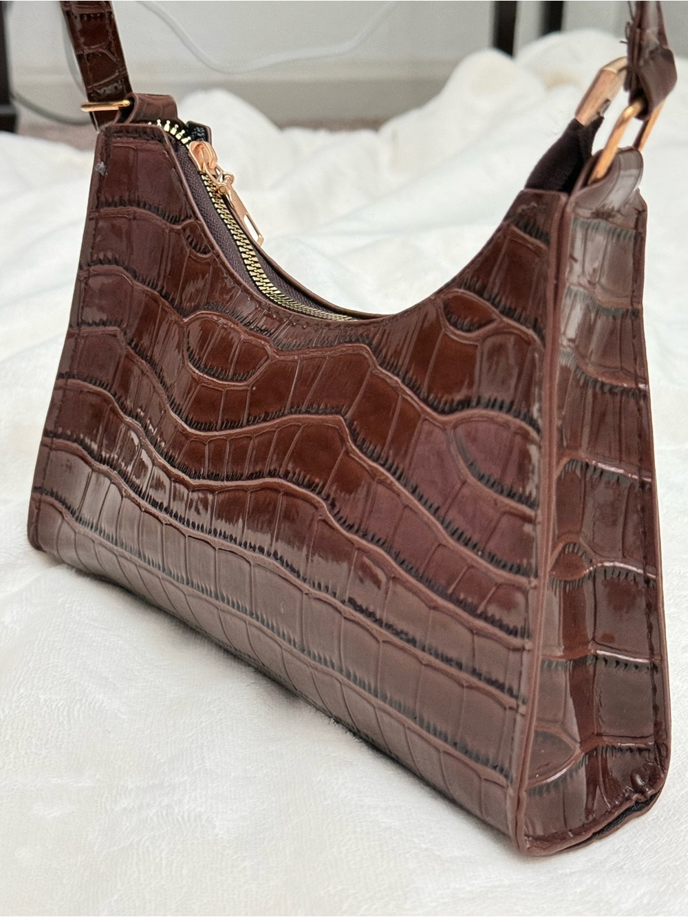Brown Croc-Embossed Shoulder Bag